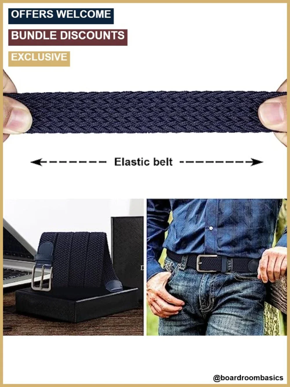 Braided Stretch Belt for Men, Elastic Woven Fabric Belt, No Hole, Casual & Golf